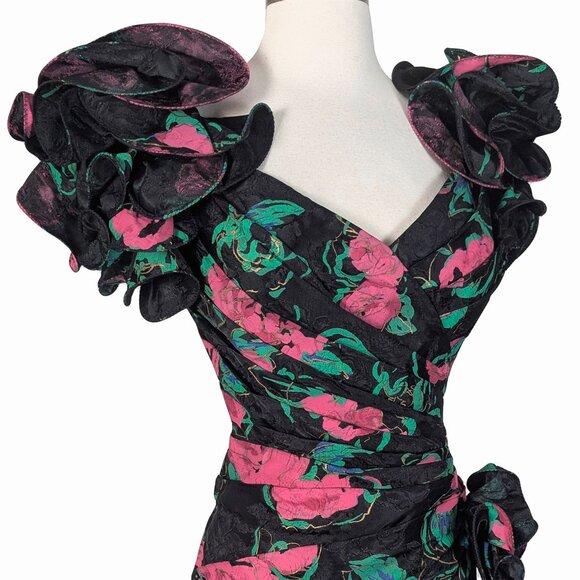 Vintage 80s Red Rose Floral Print Ruffle Sleeve Prom Cocktail Party Dress M - Picture 8 of 14